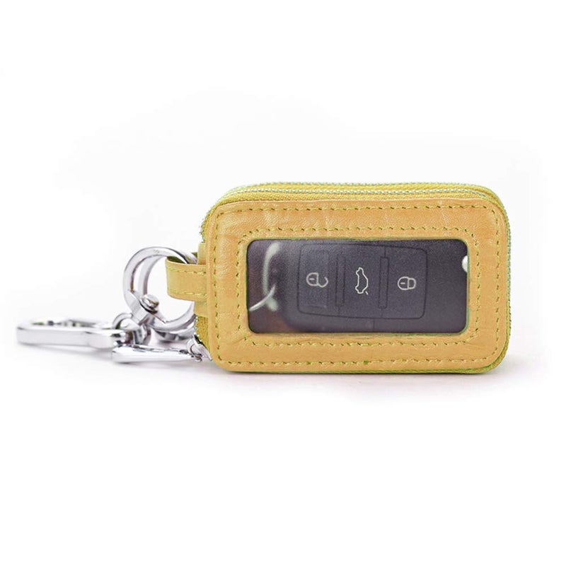 BAKUN Two-Sides Mini Genuine Leather Car Key Chain Holder Wallet Case, Key Holder Key Organizer Wallet(Yellow) - Image 5